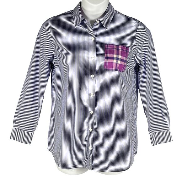 Vineyard Vines Womens 8 Relaxed Fit Purple Striped Button Up Shirt Plaid Pocket - Picture 1 of 15